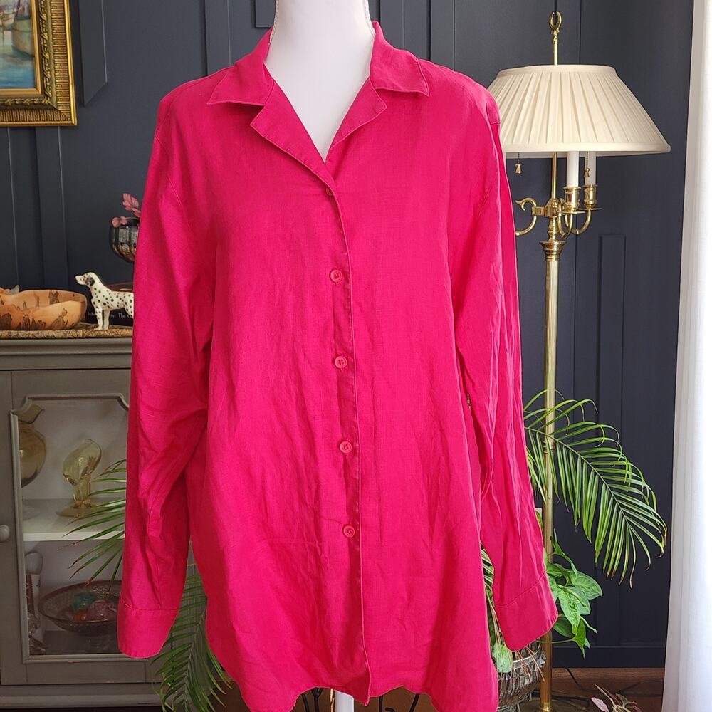 Karen Kane 100% Linen Button Up Shirt Sz Med Magenta